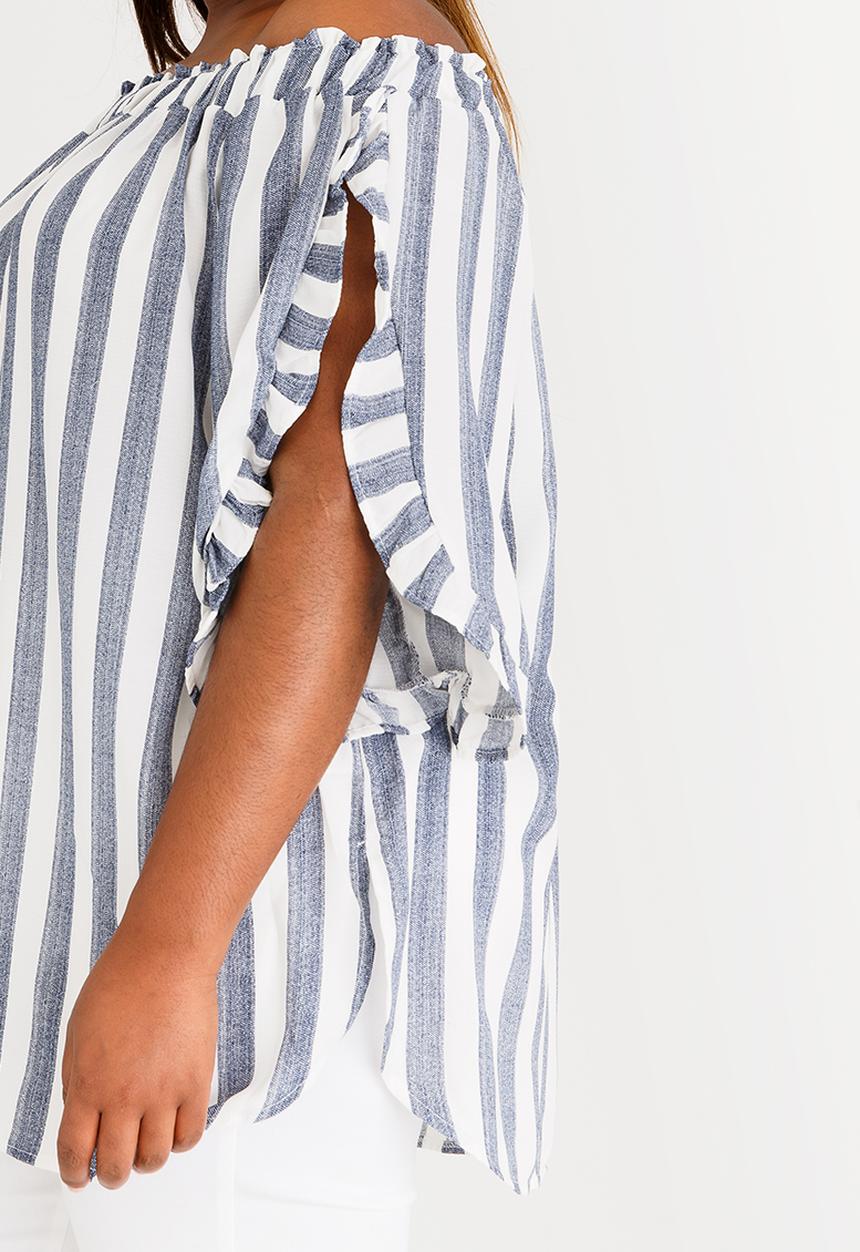 Slick - Elena Tunic with Frill Sleeve Detail Blue and White
