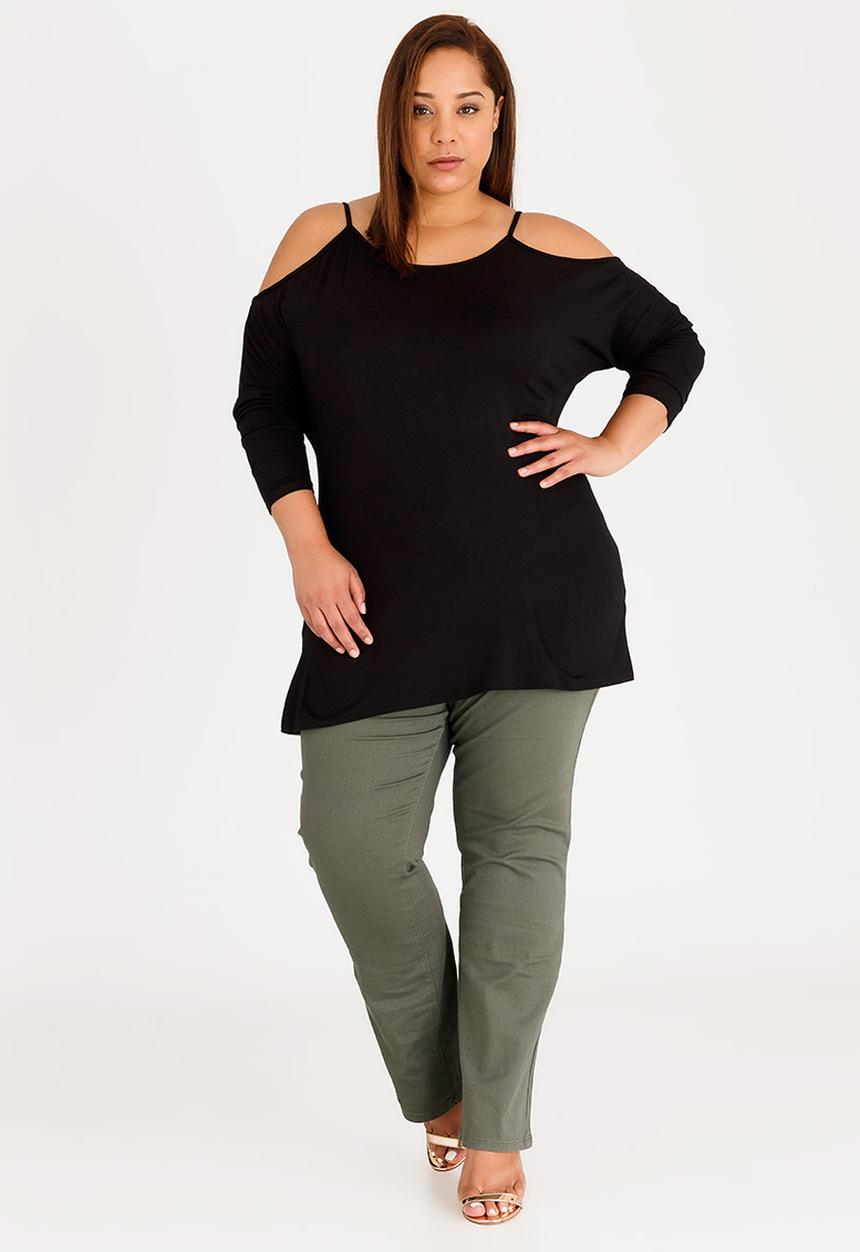 edit Plus - Cold Shoulder Long Sleeve Tee Black