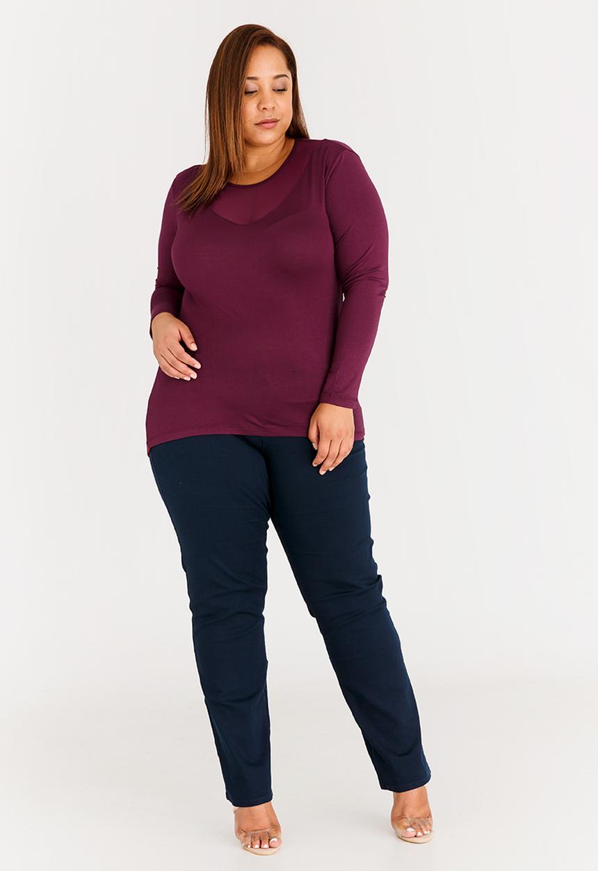 STYLE REPUBLIC PLUS - Mesh Inset Long Sleeve Top Dark Red