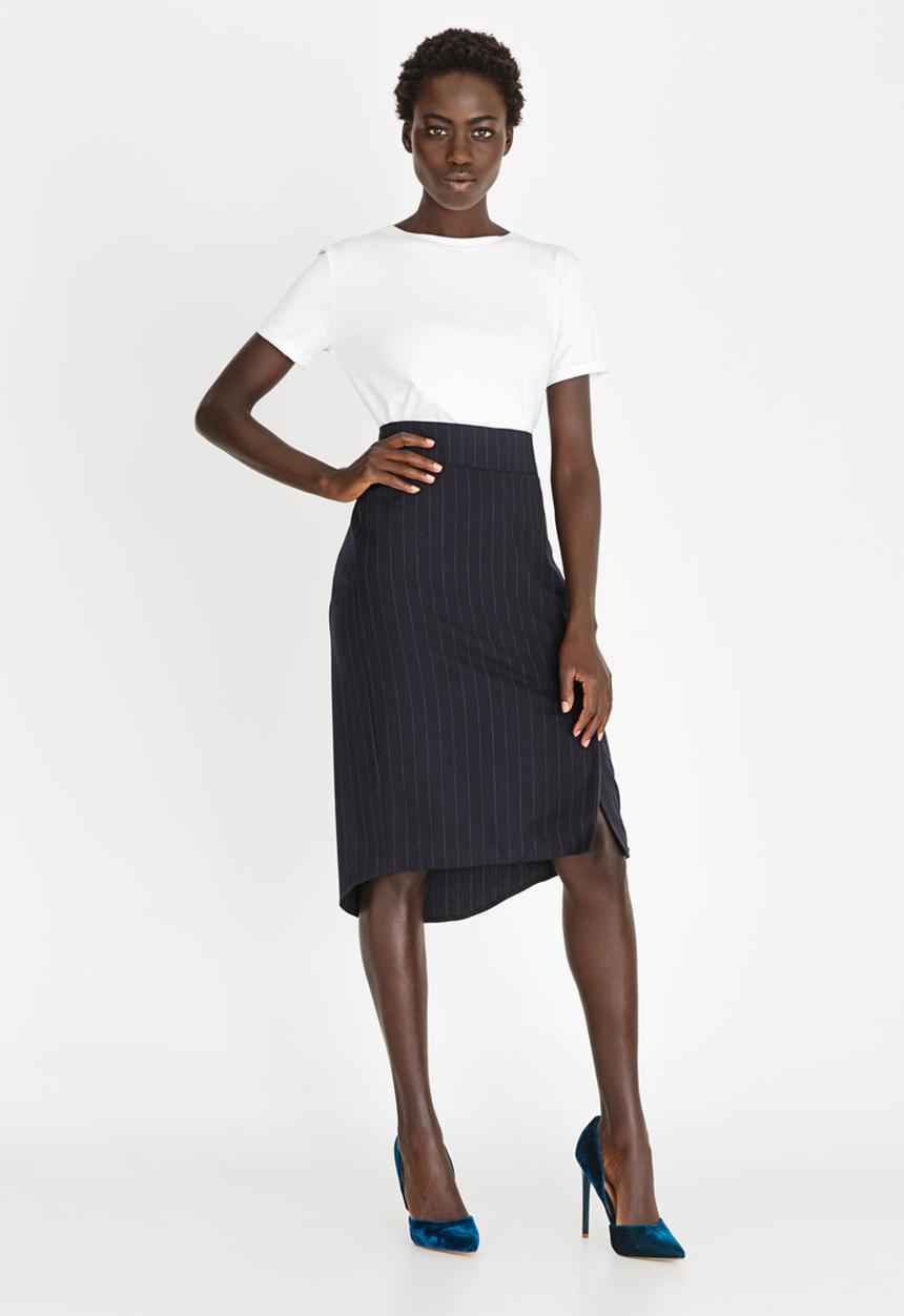 STYLE REPUBLIC - Dip Hem Striped Fitted Skirt Navy