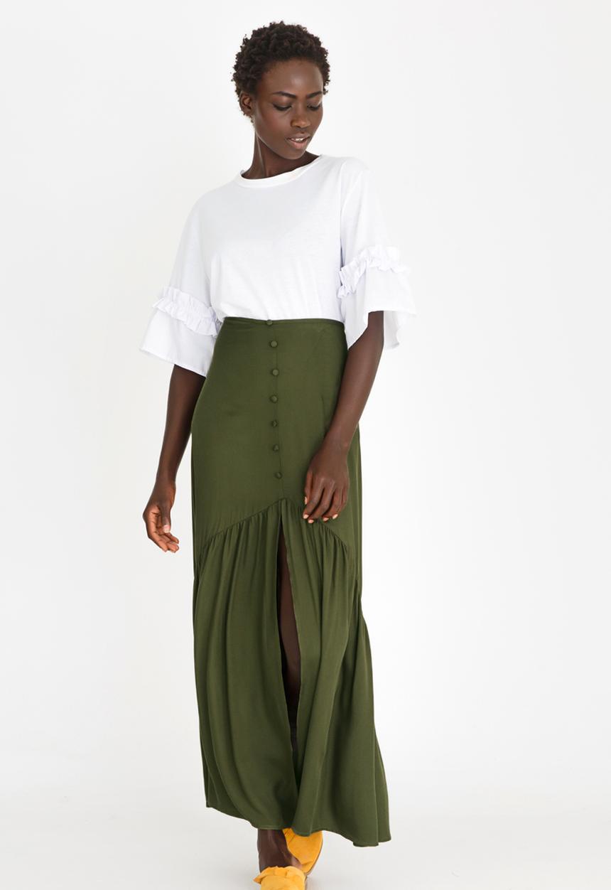 STYLE REPUBLIC - Frill Maxi Skirt Dark Green