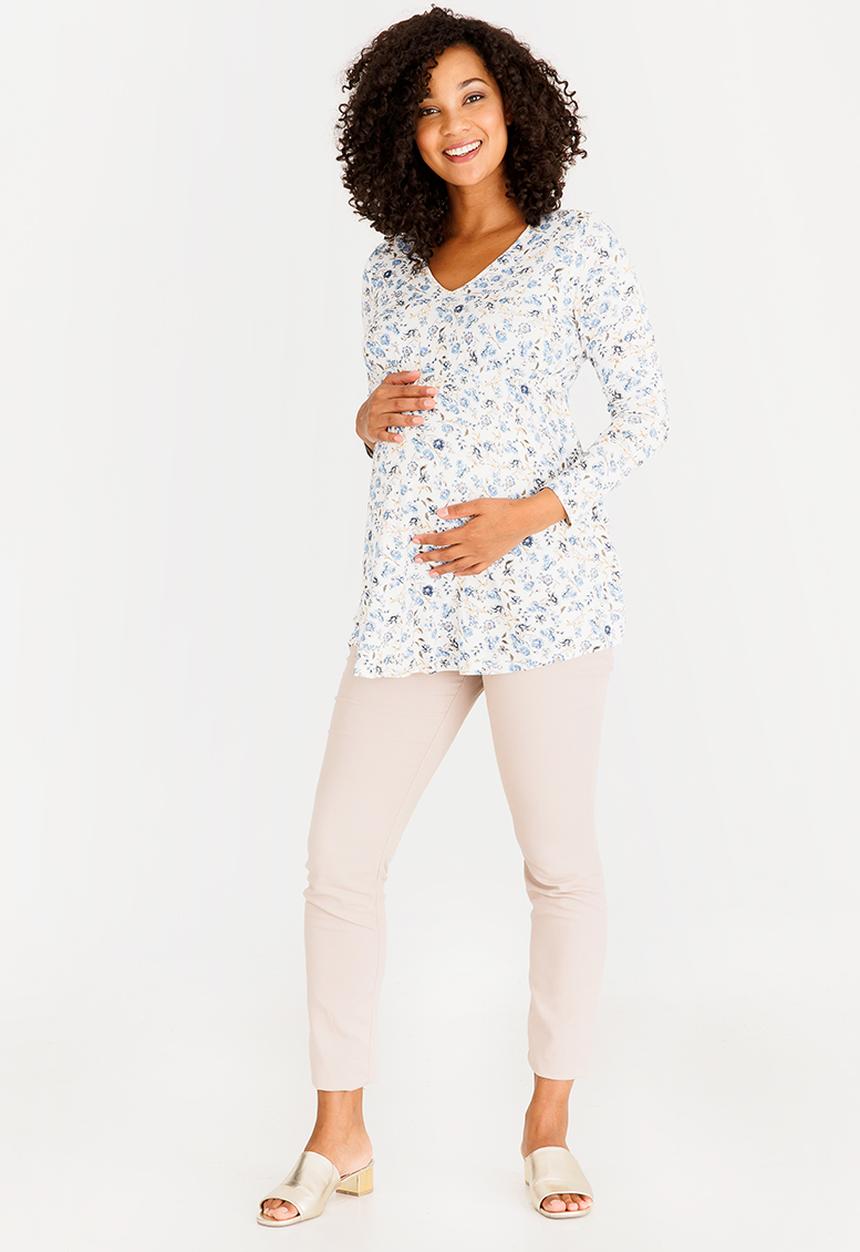 Cherry Melon - Printed Longsleeve Smock Detail Top Blue and White