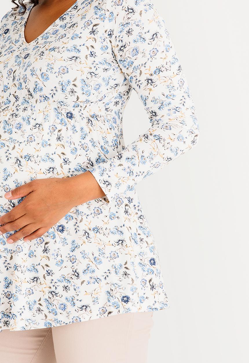 Cherry Melon - Printed Longsleeve Smock Detail Top Blue and White