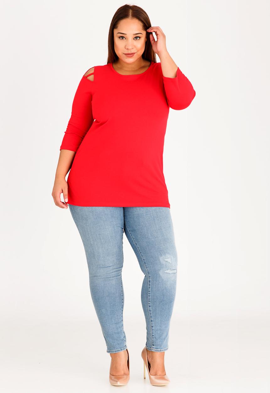 edit Plus - Tee with Shoulder Strap Detail Red
