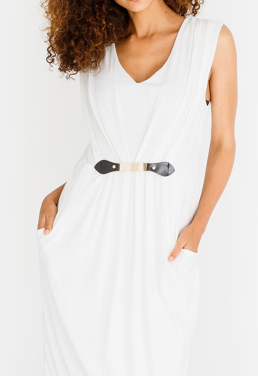 edit - Sleeveless Drape Dress with Trim Off White