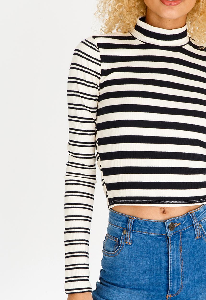 c(inch) - High Neck Striped T-shirt Cream