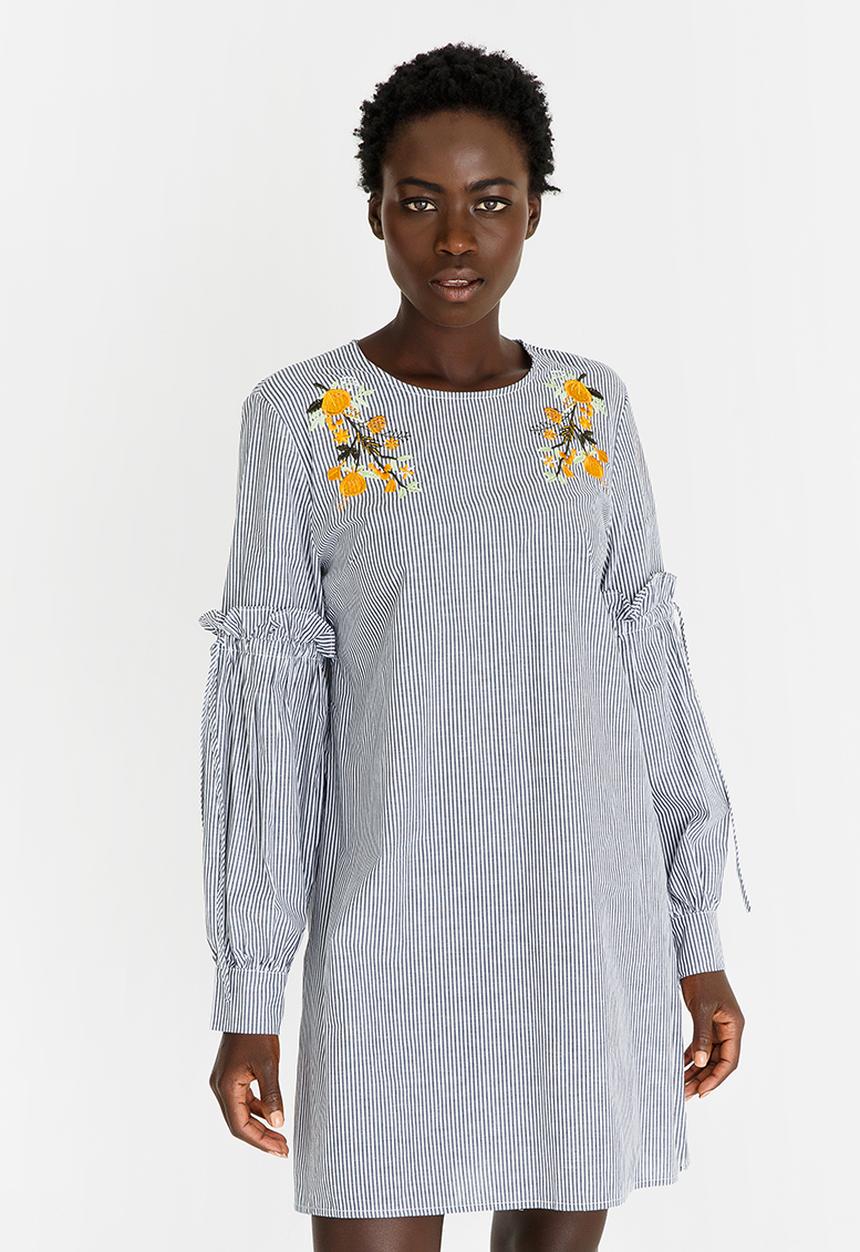STYLE REPUBLIC - Striped Sleeve Detail Dress with Embroidery Blue and White