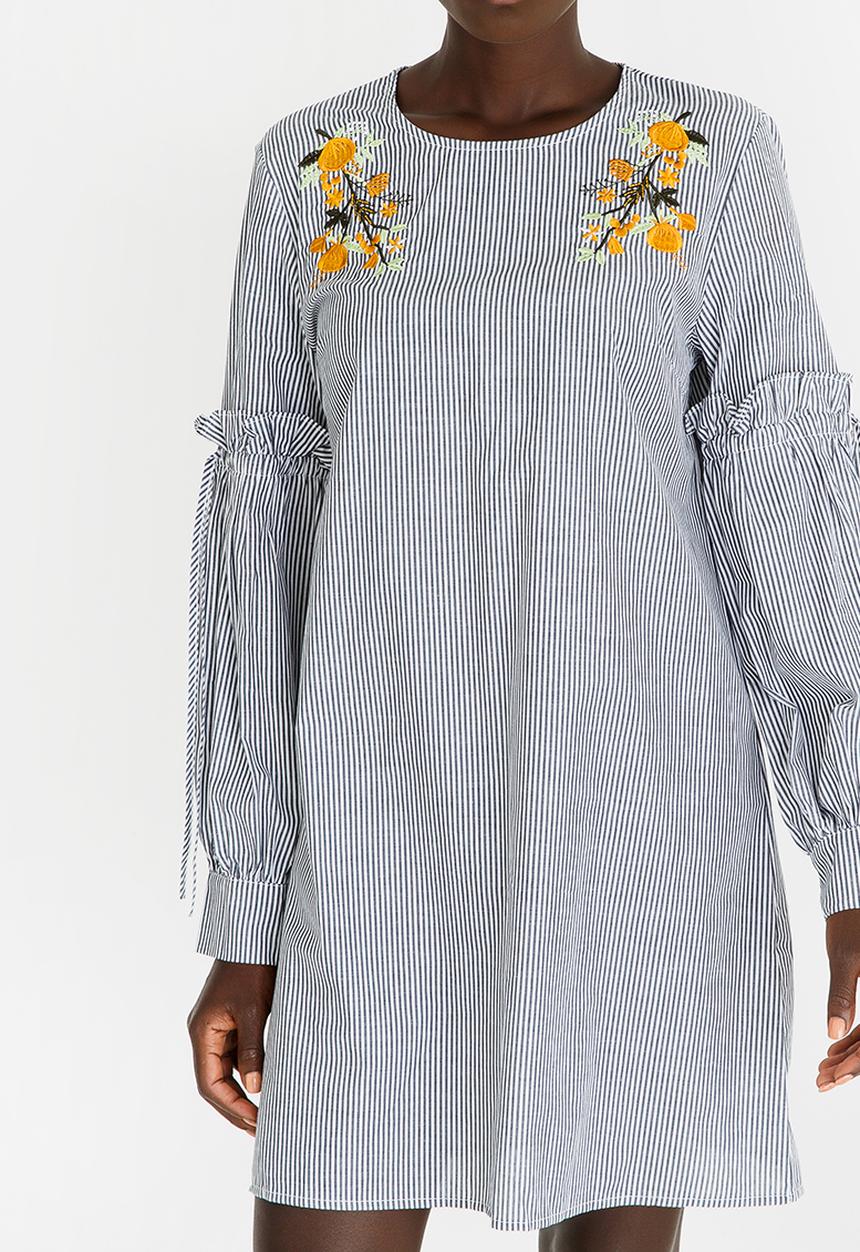 STYLE REPUBLIC - Striped Sleeve Detail Dress with Embroidery Blue and White