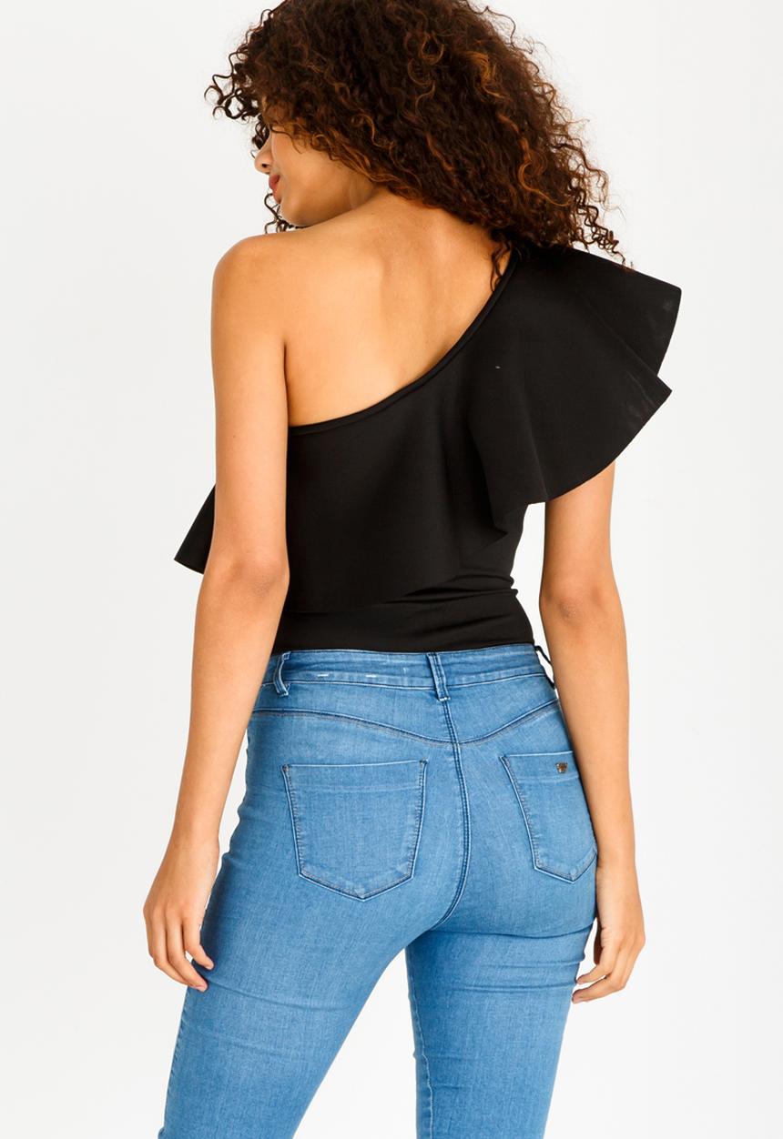 STYLE REPUBLIC - One Shoulder Frill Bodysuit Black