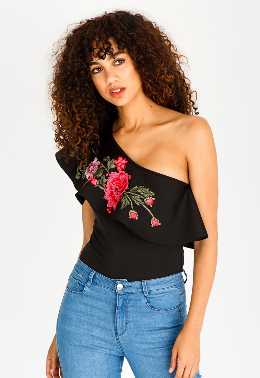 STYLE REPUBLIC - One Shoulder Frill Bodysuit Black