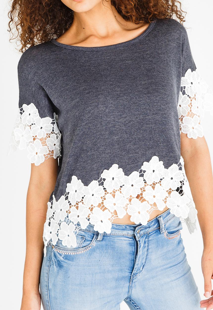 edit - Top with Crochet Trim Charcoal