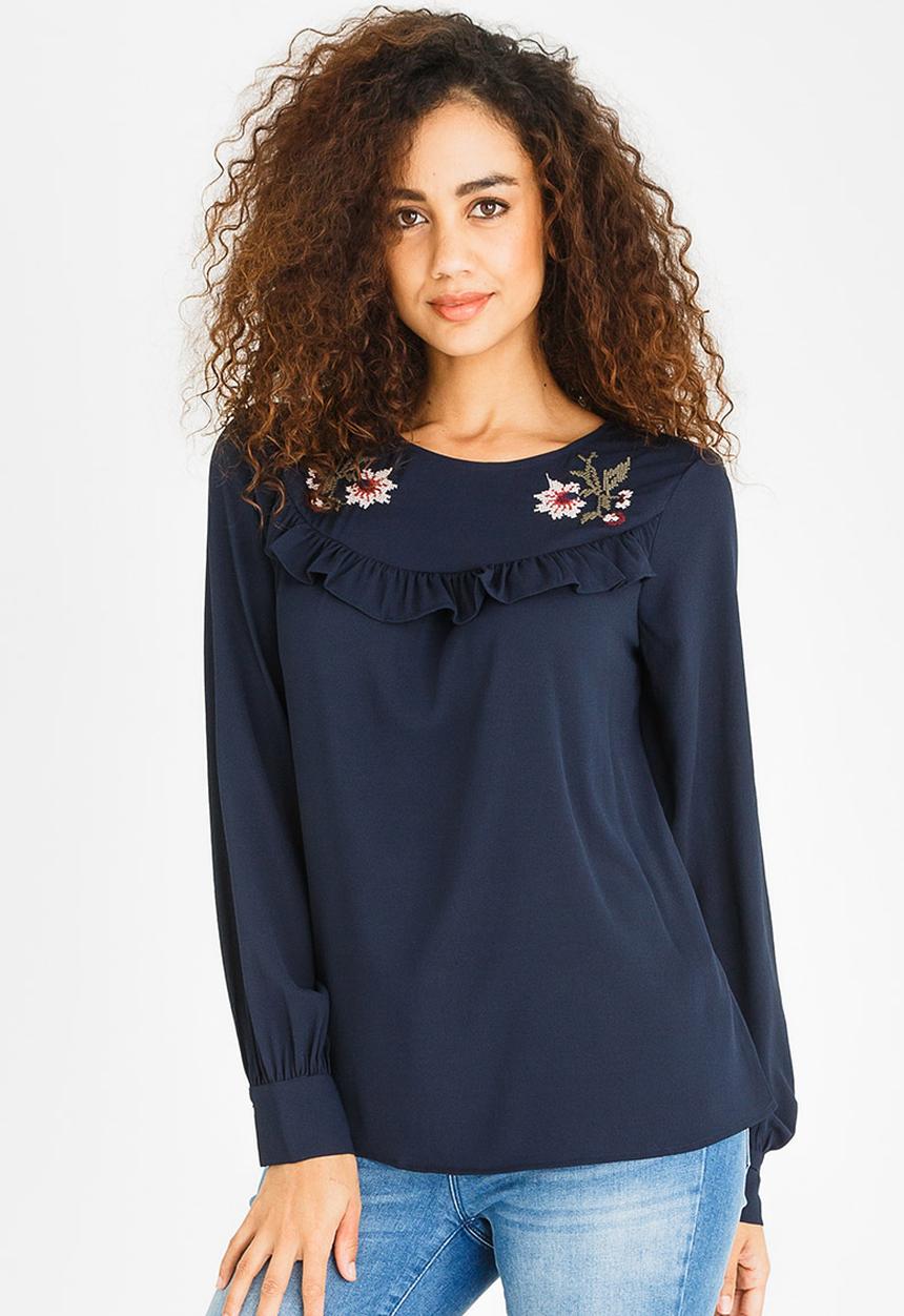 Vero Moda - Mira long Sleeve Frill Top Navy