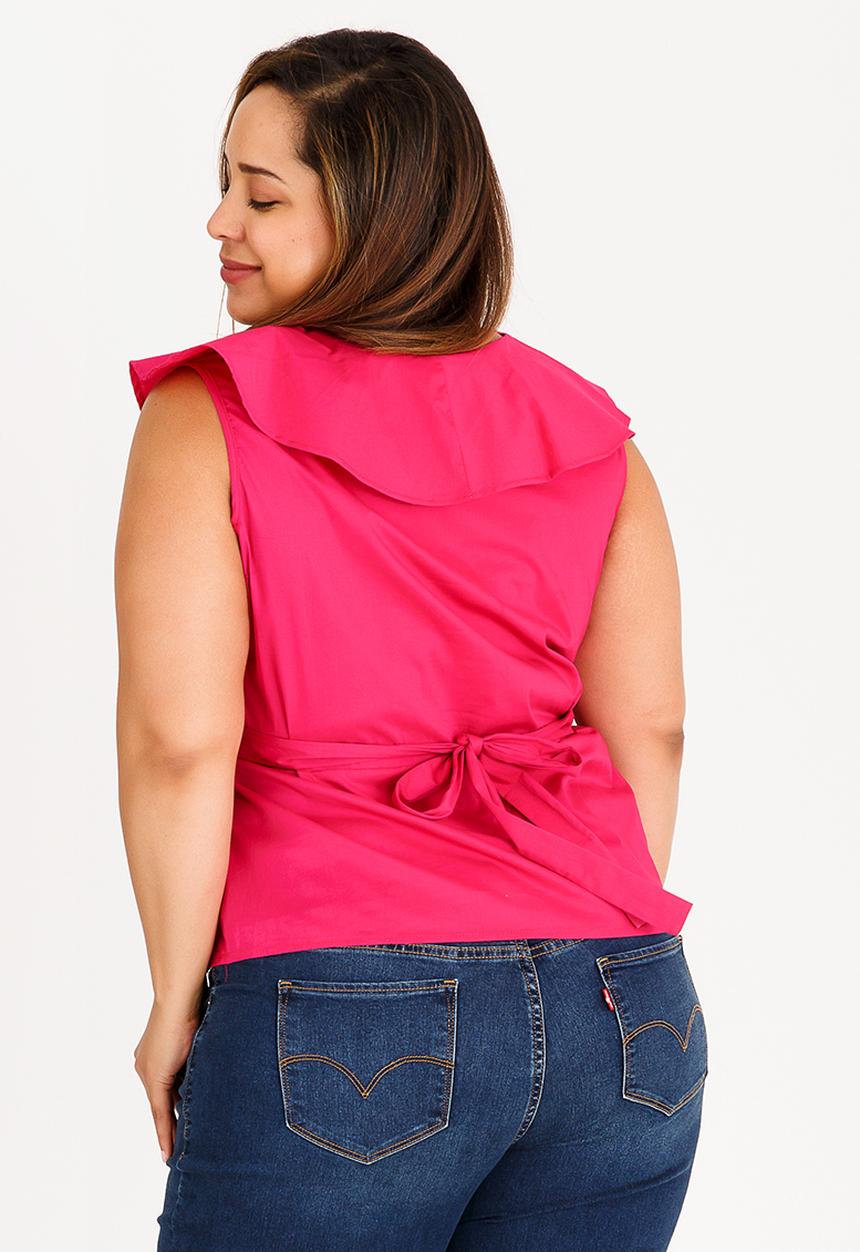 edit Plus - Cotton Blouse with Frill Neckline Cerise Pink
