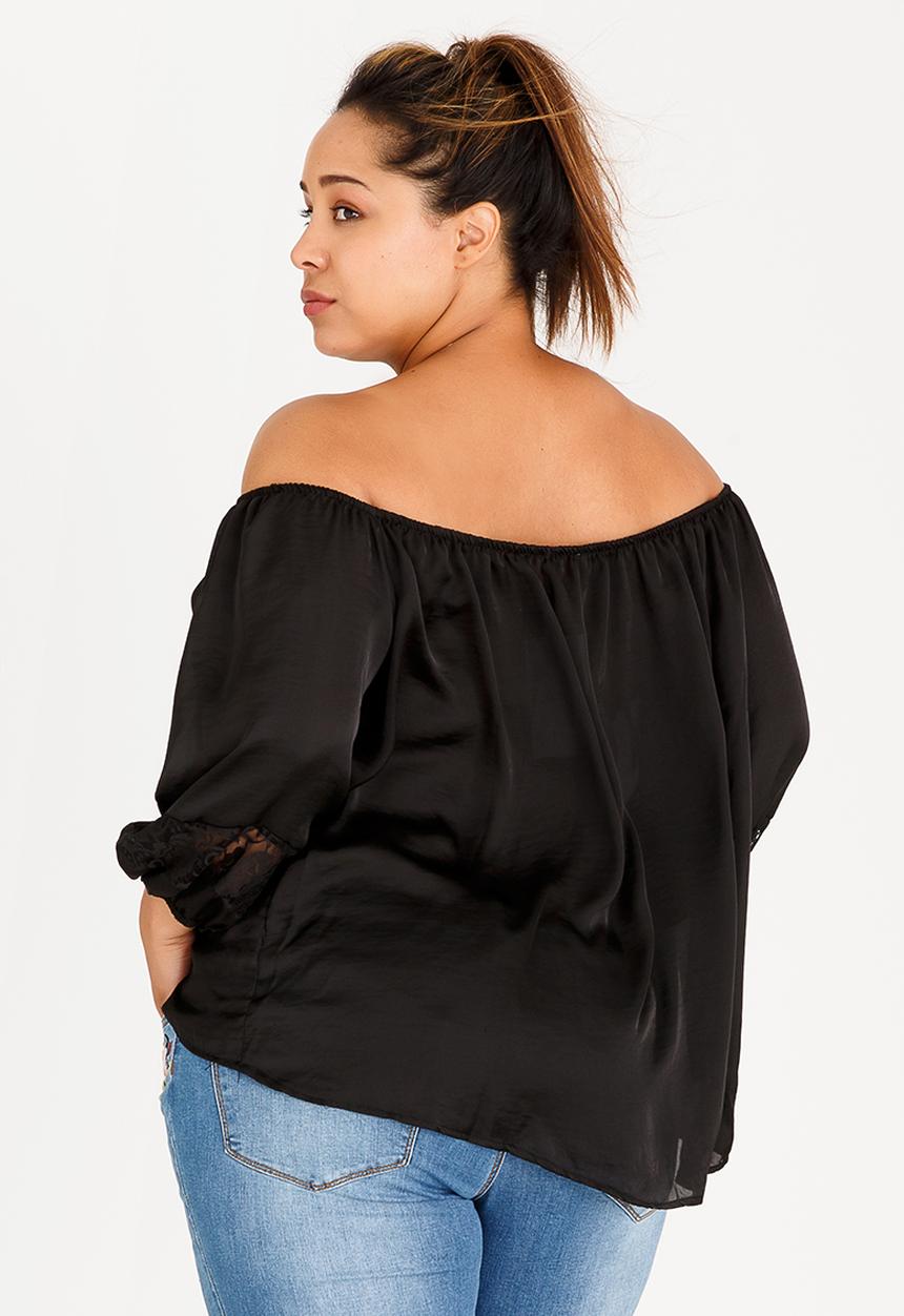 edit Plus - Bardot Satin Blouse with Lace Detail Black