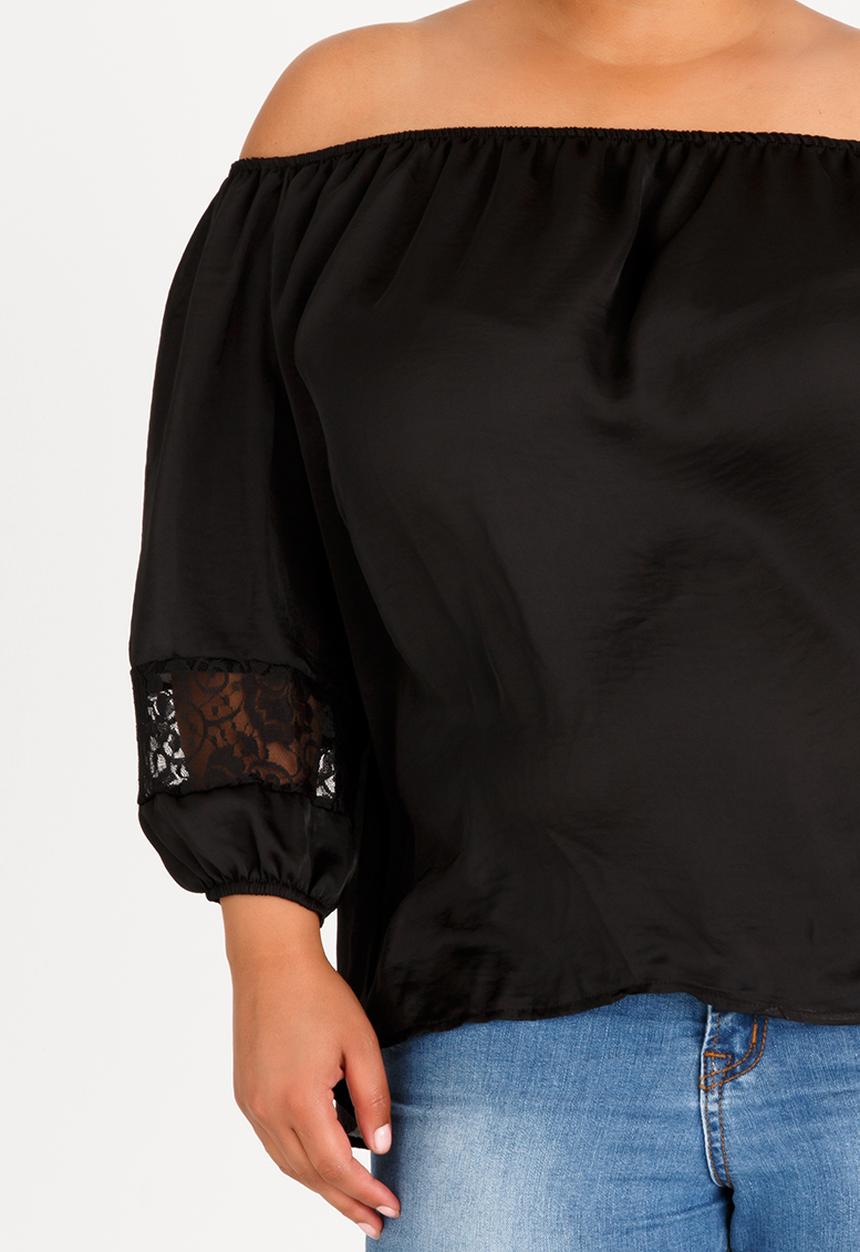 edit Plus - Bardot Satin Blouse with Lace Detail Black