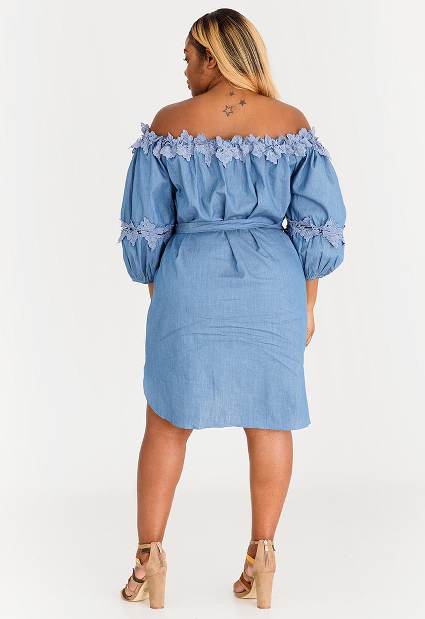 STYLE REPUBLIC PLUS - Crochet Trim Bardot Dress Mid Blue