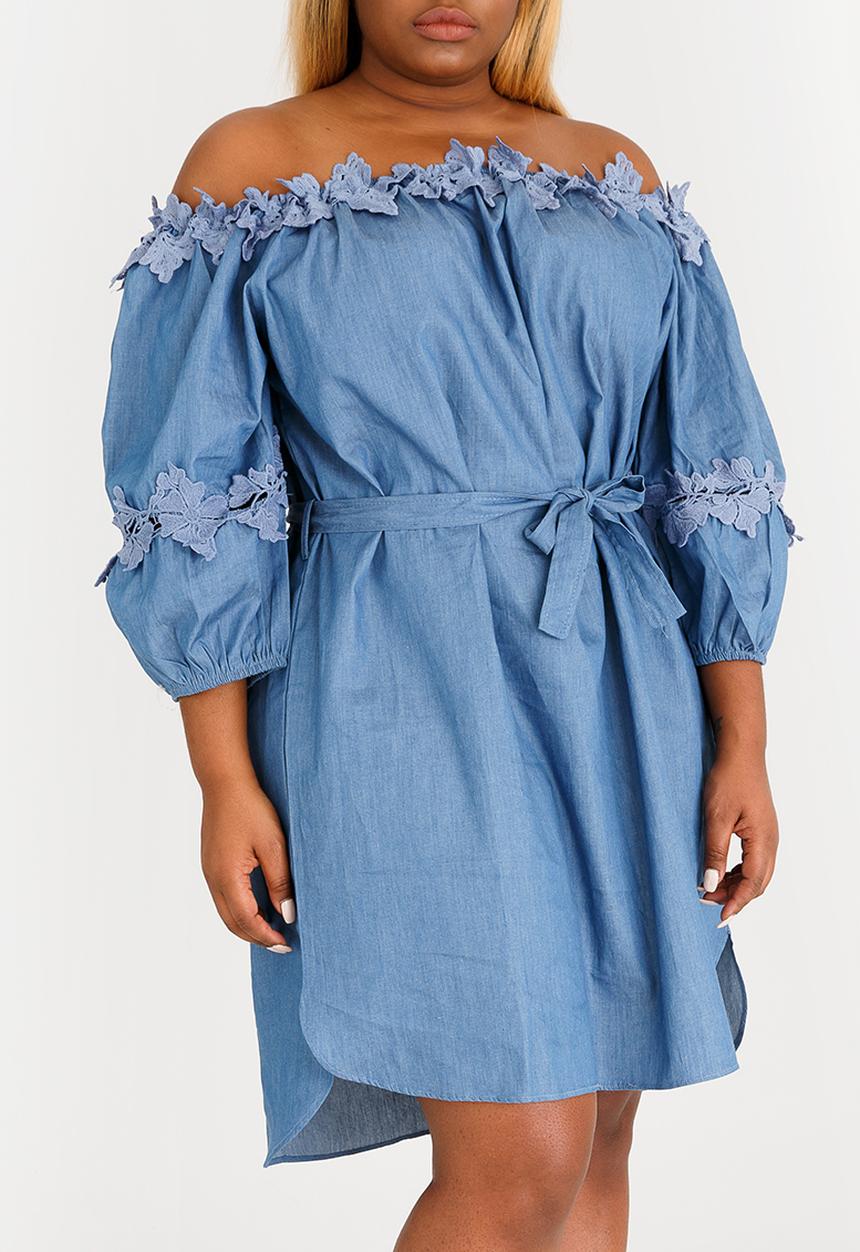 STYLE REPUBLIC PLUS - Crochet Trim Bardot Dress Mid Blue
