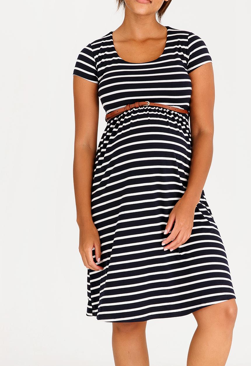 Cherry Melon - Belted Scoopneck Cap Sleeve Dress Navy & White