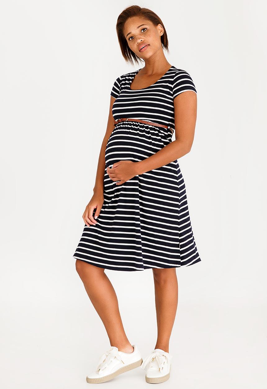 Cherry Melon - Belted Scoopneck Cap Sleeve Dress Navy & White