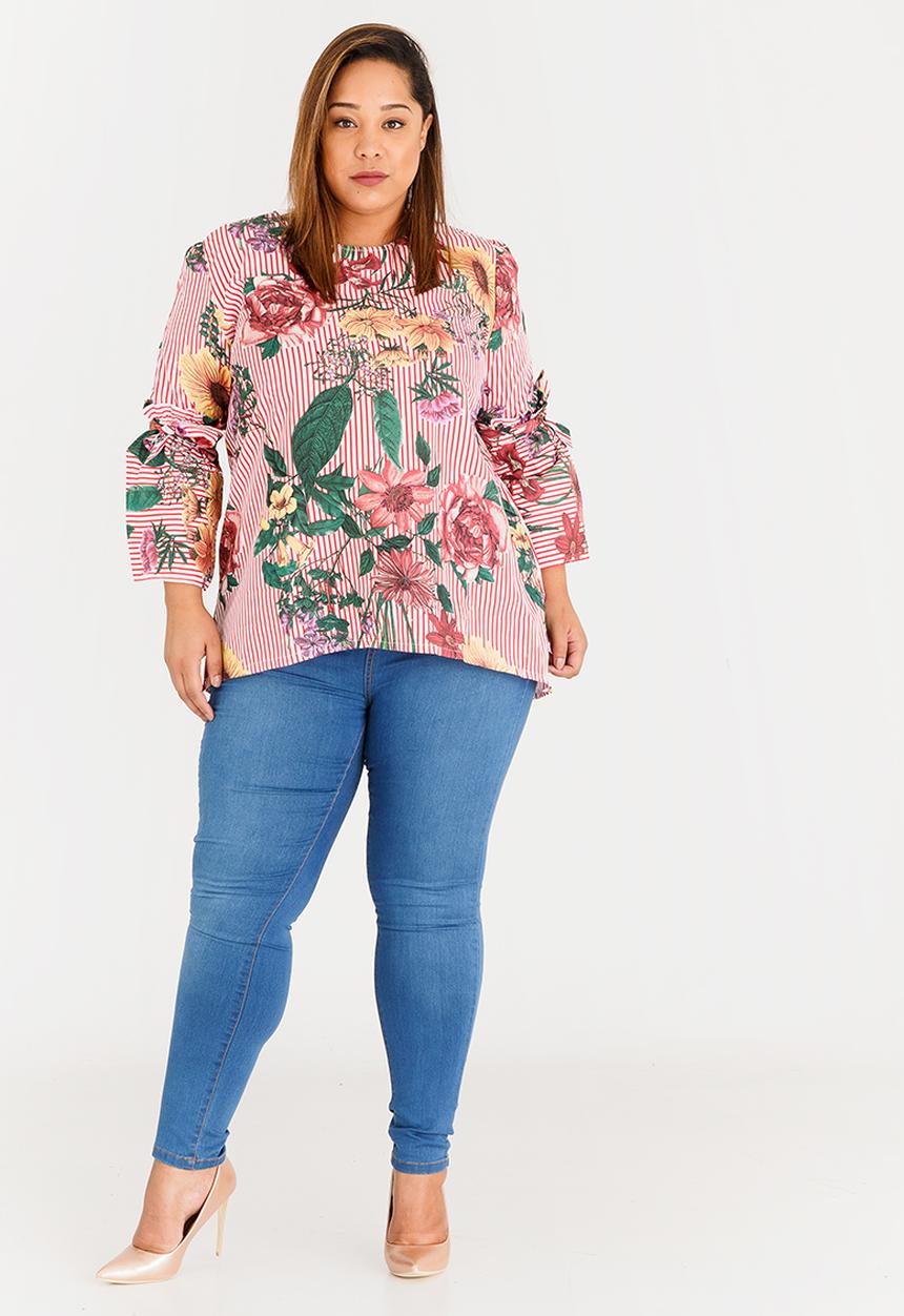 STYLE REPUBLIC PLUS - Floral and Stripe Print Blouse Red