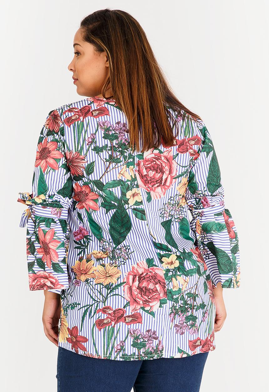STYLE REPUBLIC PLUS - Floral and Stripe Print Blouse Blue and White