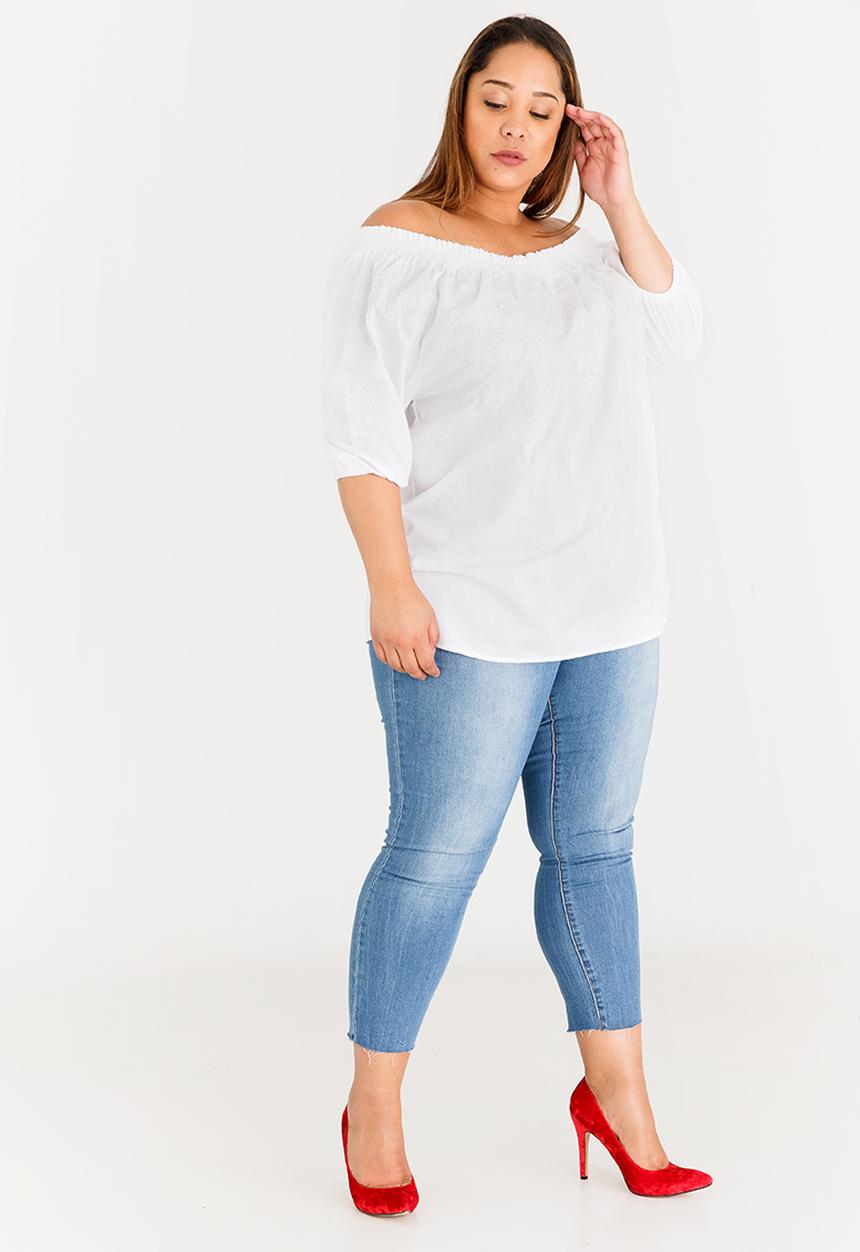 edit Plus - Embroidered Bardot Volume Sleeve Top White