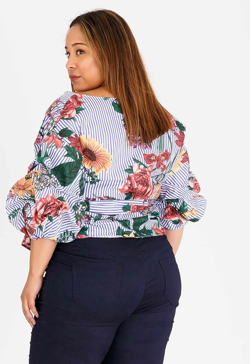 STYLE REPUBLIC PLUS - Striped Puff Sleeve Wrap Blouse Blue and White