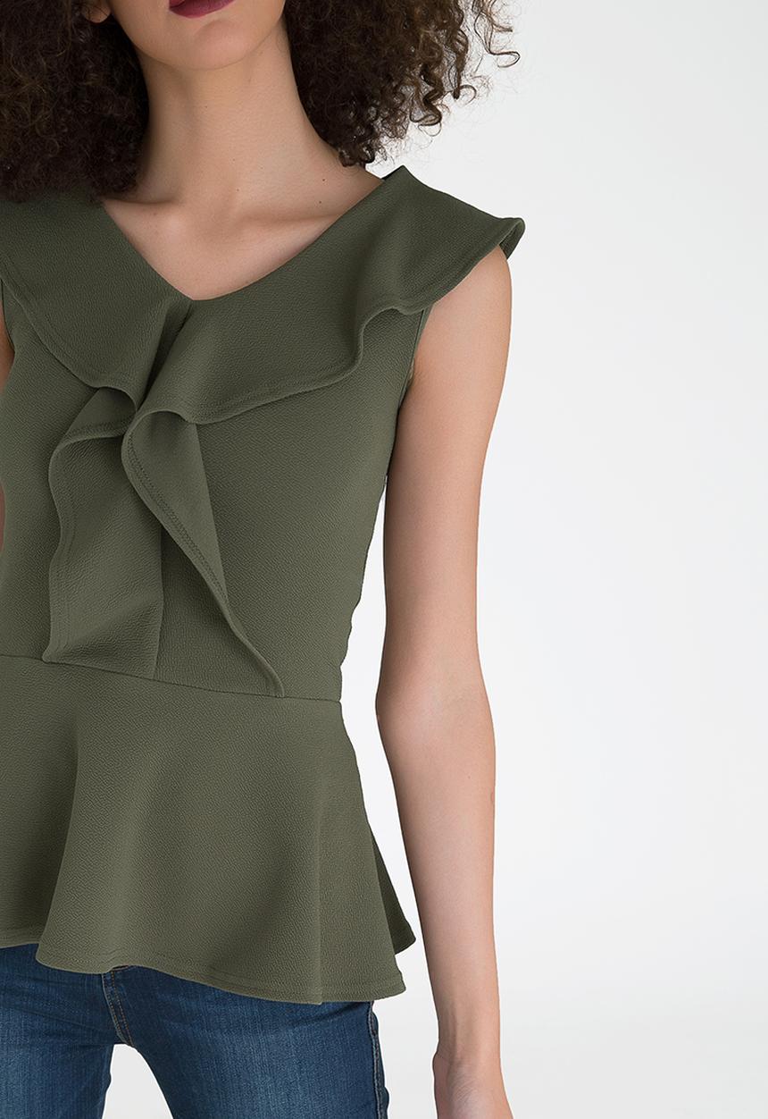 edit - Peplum Frilled Sleeveless Top Khaki Green