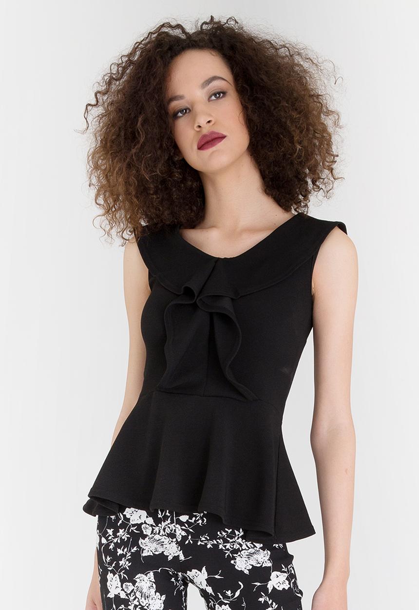 edit - Peplum Frilled Sleeveless Top Black
