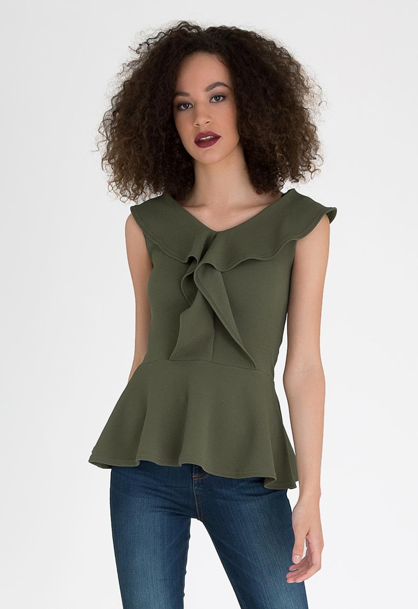 edit - Peplum Frilled Sleeveless Top Khaki Green