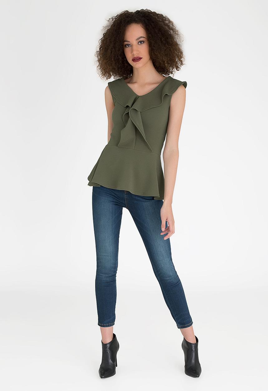 edit - Peplum Frilled Sleeveless Top Khaki Green