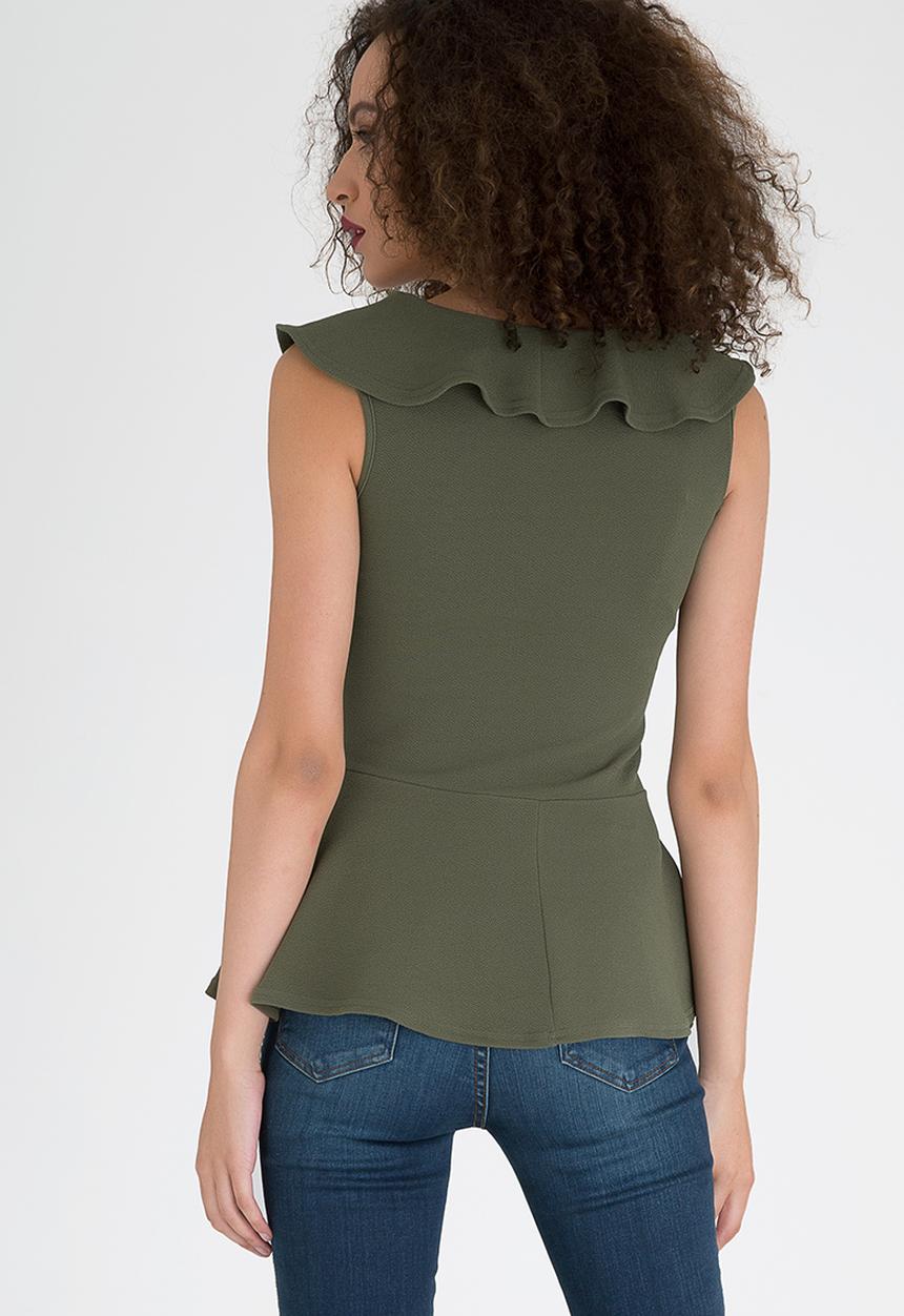 edit - Peplum Frilled Sleeveless Top Khaki Green