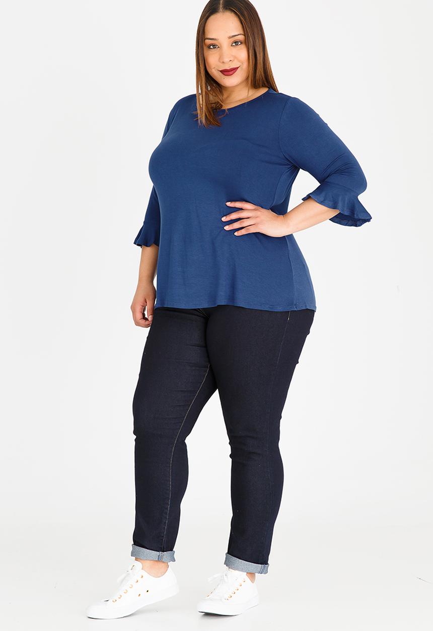 edit Plus - 3/4 Sleeve Frill T-Shirt Mid Blue
