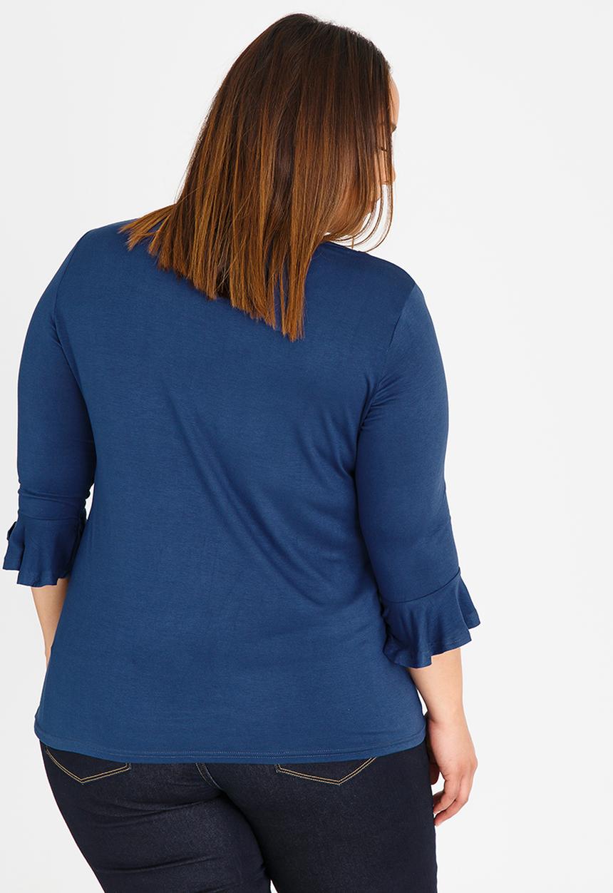 edit Plus - 3/4 Sleeve Frill T-Shirt Mid Blue