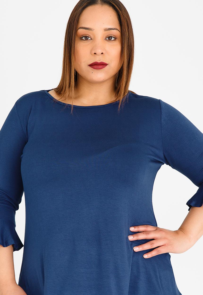 edit Plus - 3/4 Sleeve Frill T-Shirt Mid Blue