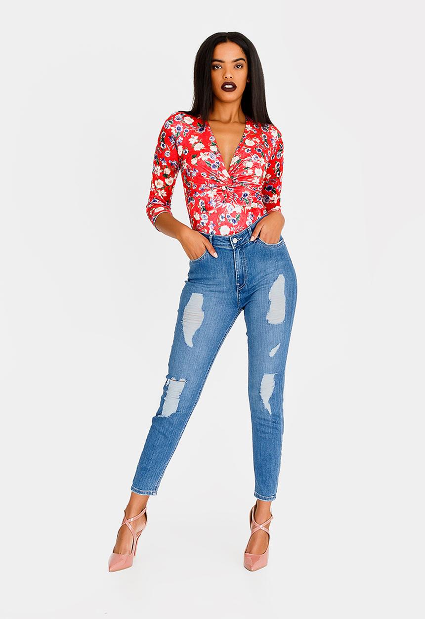 SISSY BOY - Printed Velvet Knot Bodysuit Red