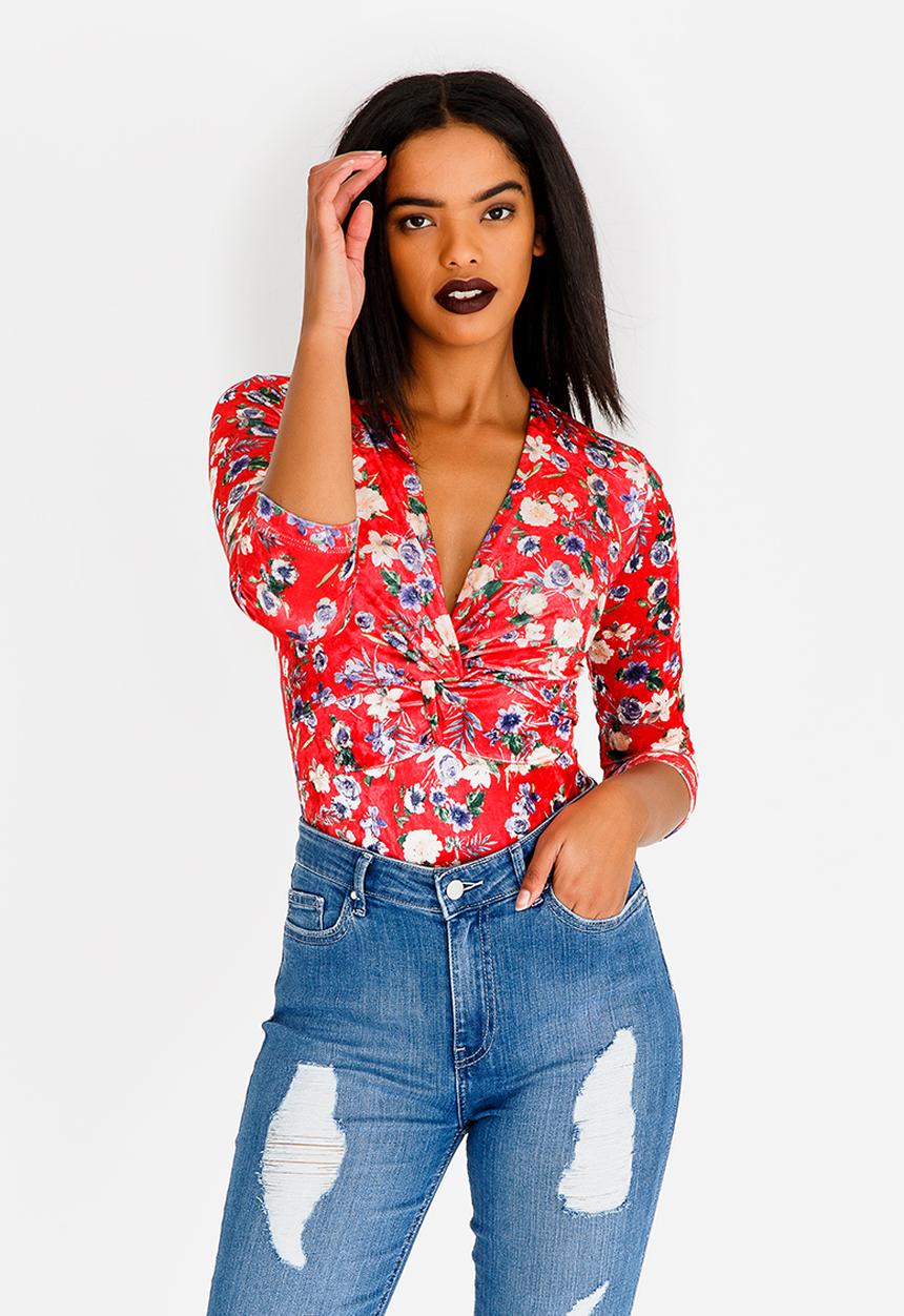 SISSY BOY - Printed Velvet Knot Bodysuit Red