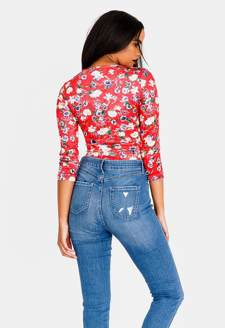 SISSY BOY - Printed Velvet Knot Bodysuit Red