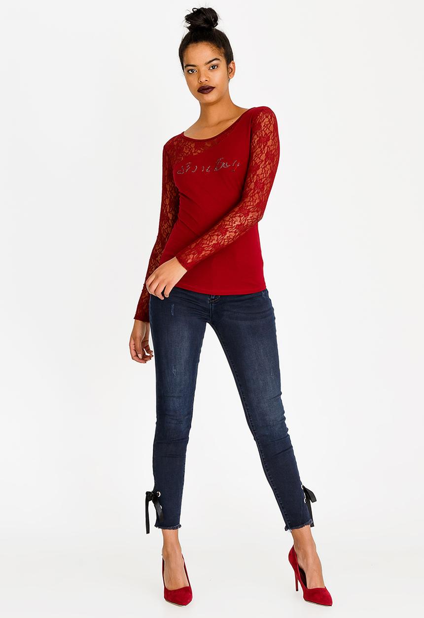 SISSY BOY - Asymmetric Lace Detail Top Burgundy
