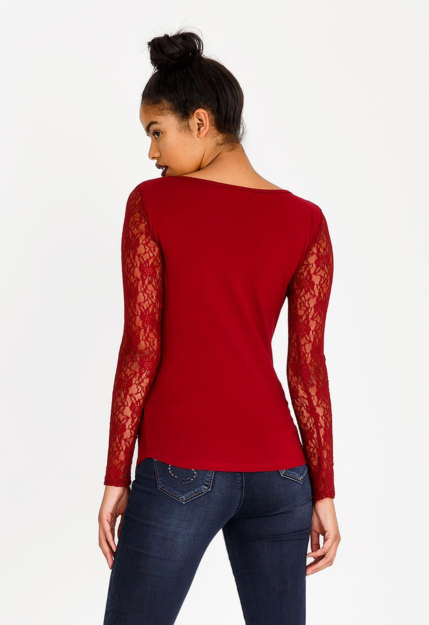 SISSY BOY - Asymmetric Lace Detail Top Burgundy