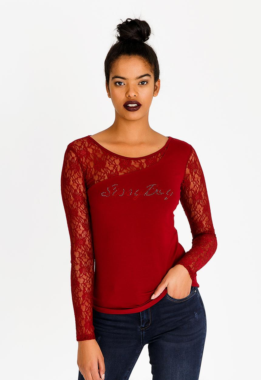SISSY BOY - Asymmetric Lace Detail Top Burgundy