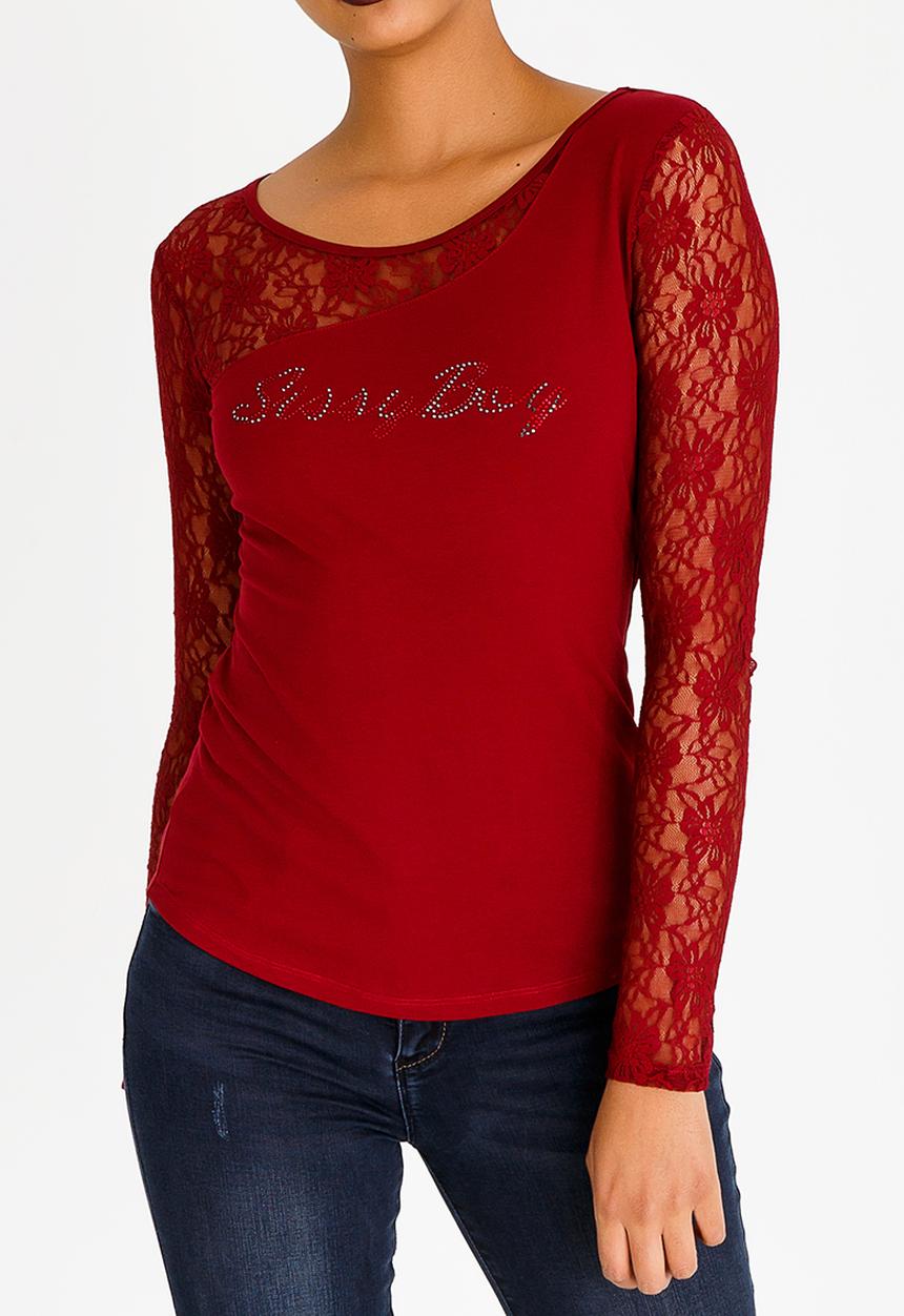 SISSY BOY - Asymmetric Lace Detail Top Burgundy