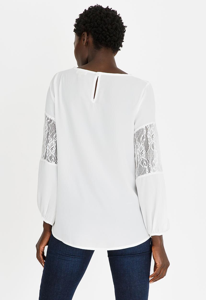 edit - Lace Inset Lantern Sleeve Top Off White