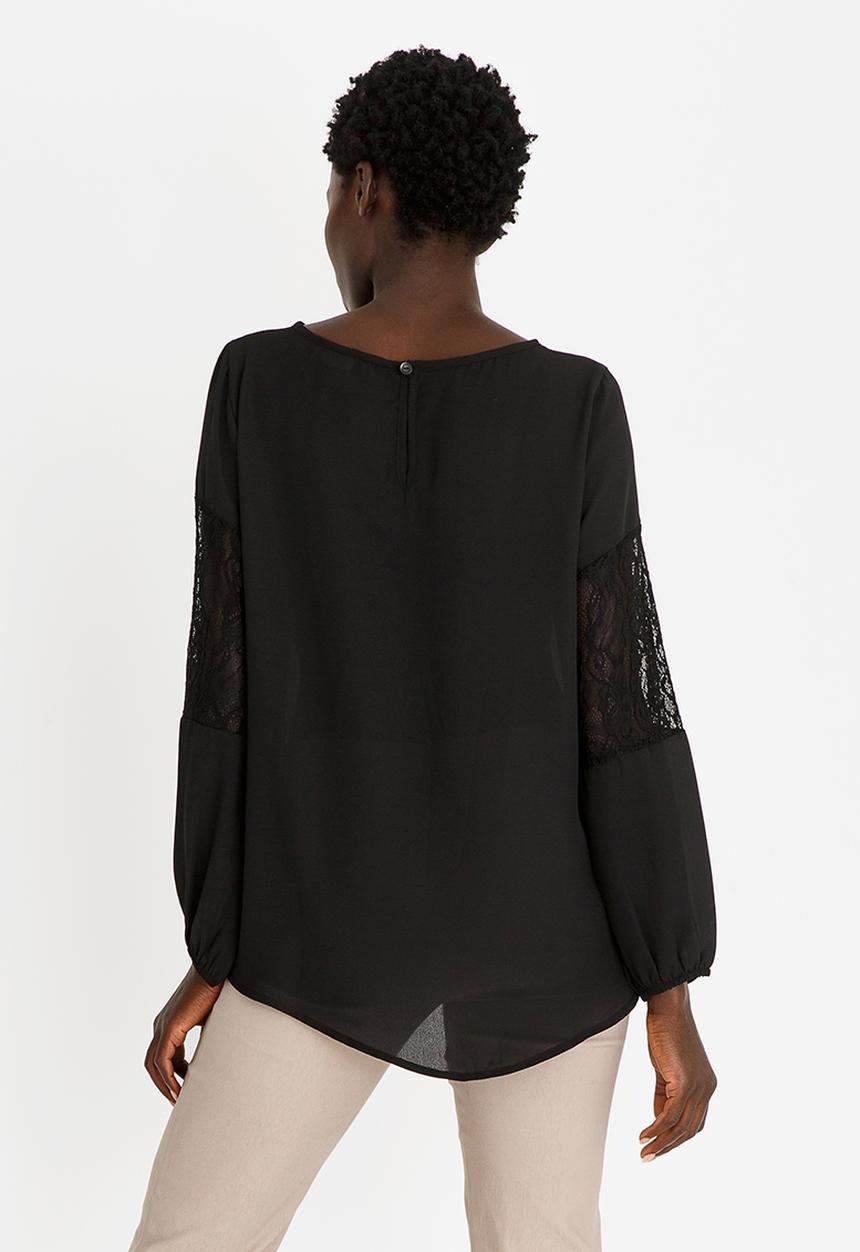edit - Lace Inset Lantern Sleeve Top Black