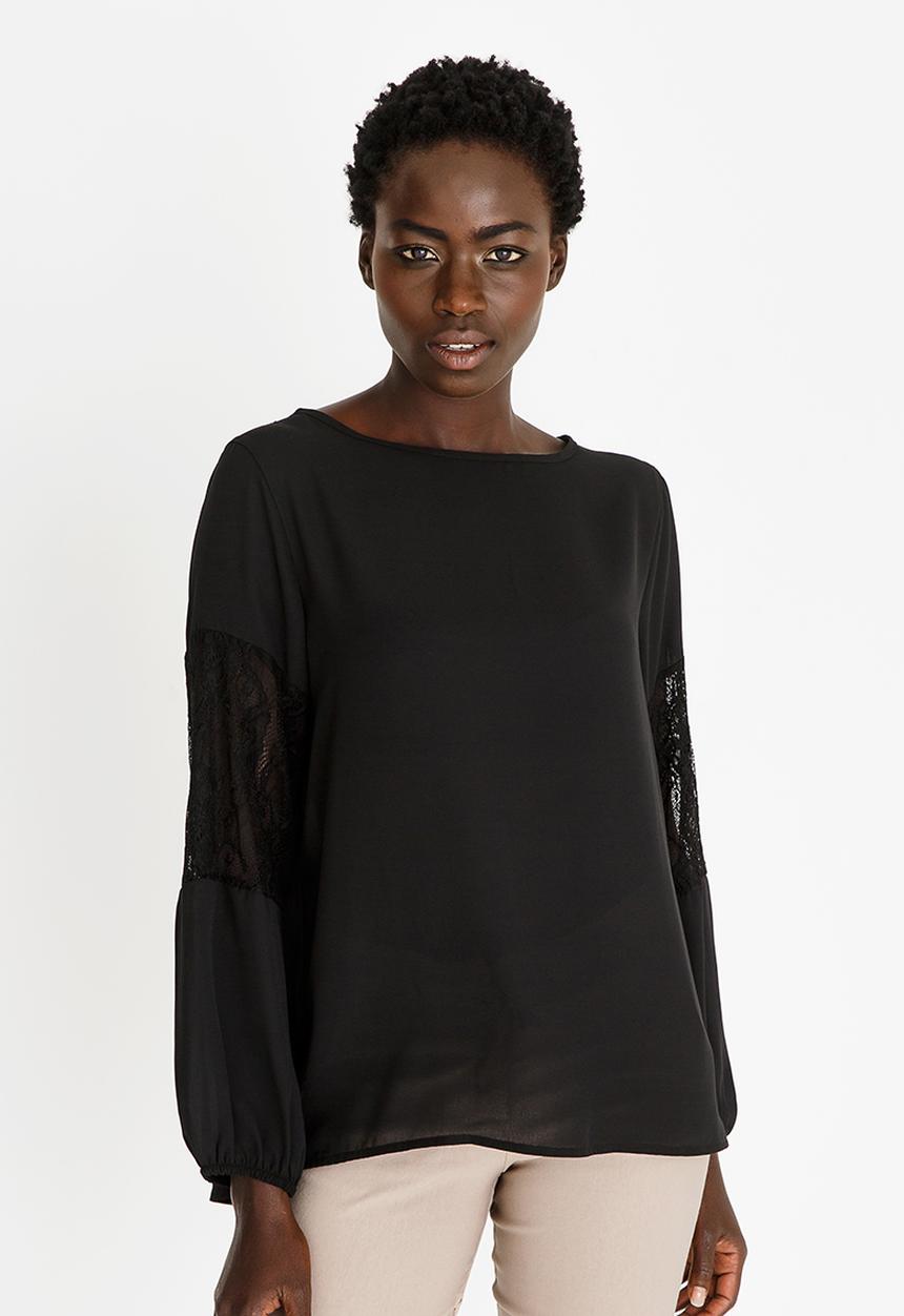 edit - Lace Inset Lantern Sleeve Top Black