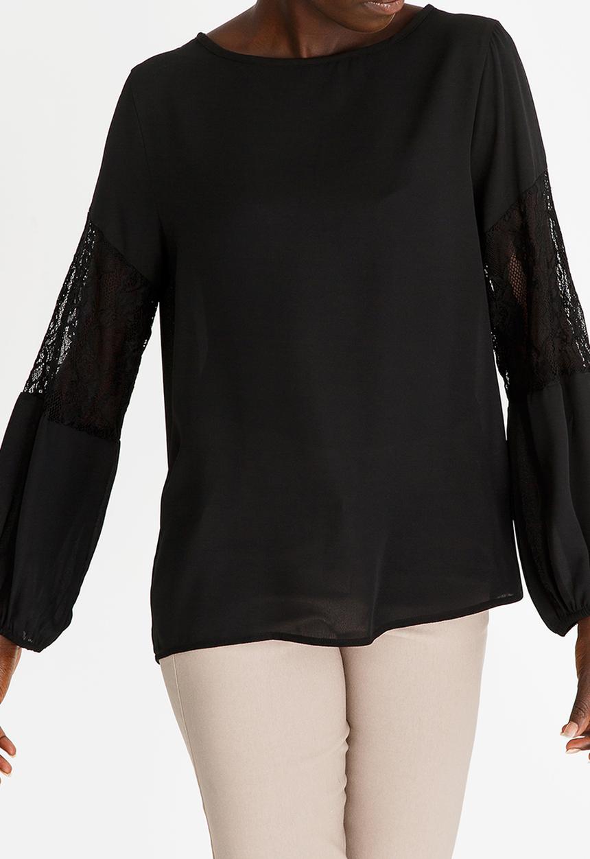 edit - Lace Inset Lantern Sleeve Top Black