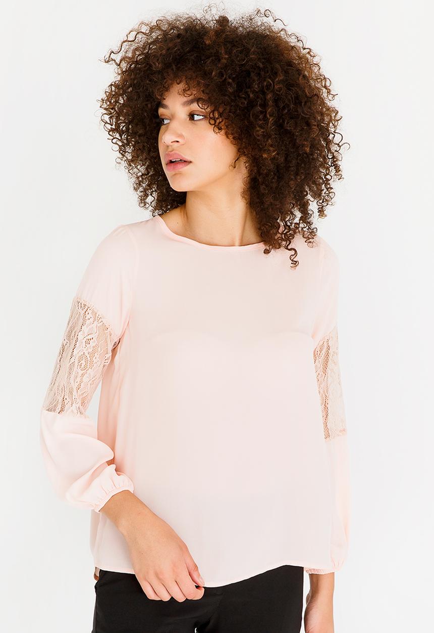 edit - Lace Inset Lantern Sleeve Top Peach