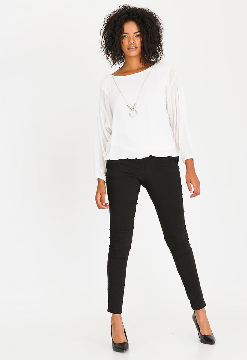 edit - Long Sleeve Lined Blouse with Detachable Chain Off White