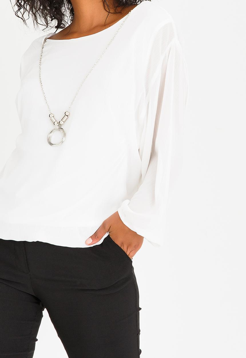 edit - Long Sleeve Lined Blouse with Detachable Chain Off White