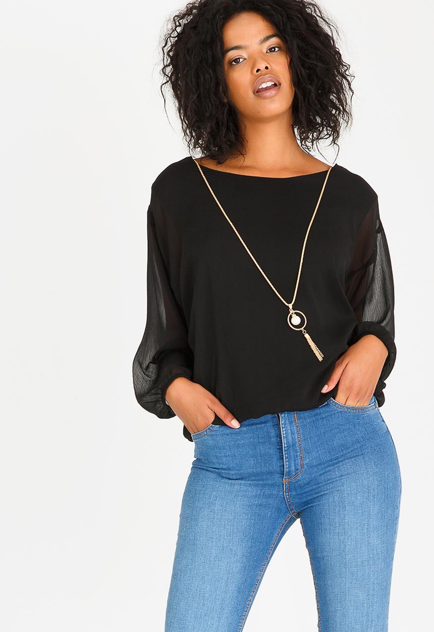 edit - Long Sleeve Lined Blouse with Detachable Chain Black
